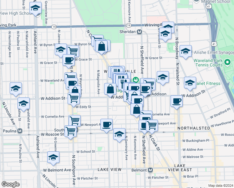 map of restaurants, bars, coffee shops, grocery stores, and more near 1136 West Addison Street in Chicago