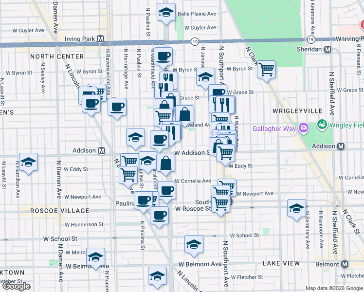 map of restaurants, bars, coffee shops, grocery stores, and more near 3611 North Bosworth Avenue in Chicago