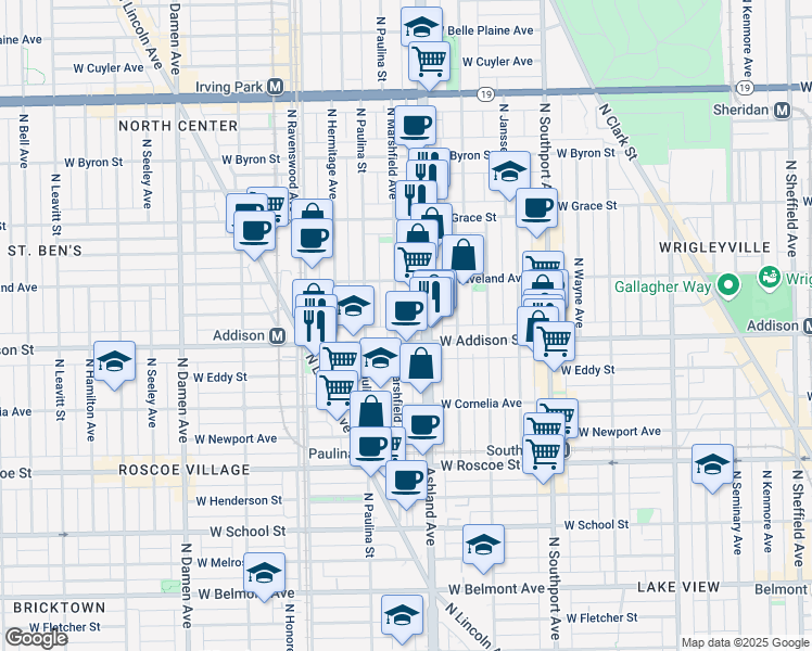 map of restaurants, bars, coffee shops, grocery stores, and more near 3614 North Ashland Avenue in Chicago