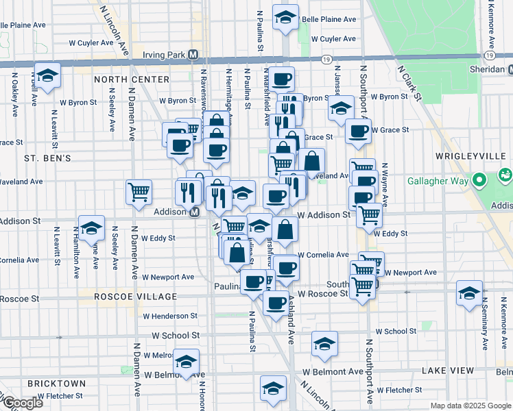 map of restaurants, bars, coffee shops, grocery stores, and more near 3614 North Marshfield Avenue in Chicago