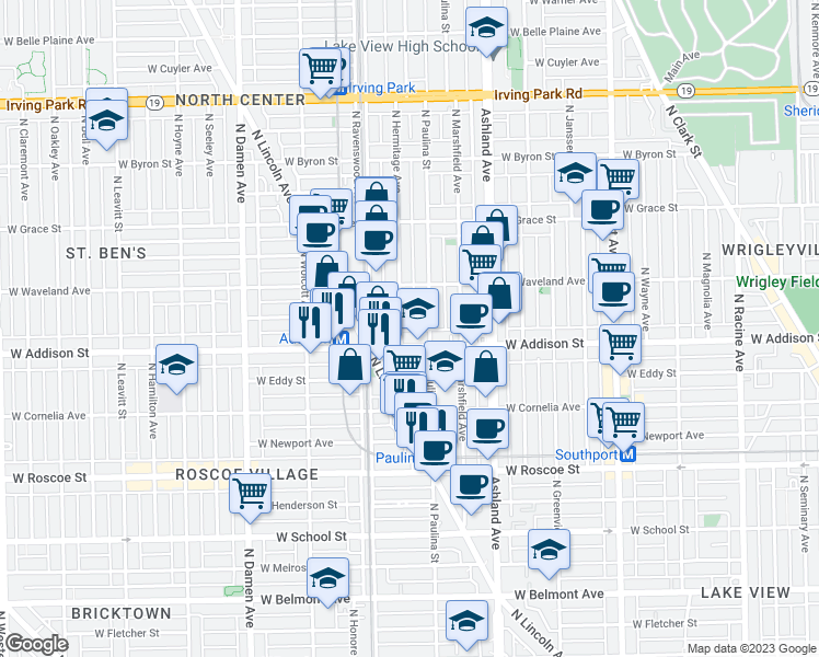 map of restaurants, bars, coffee shops, grocery stores, and more near 3615 North Hermitage Avenue in Chicago