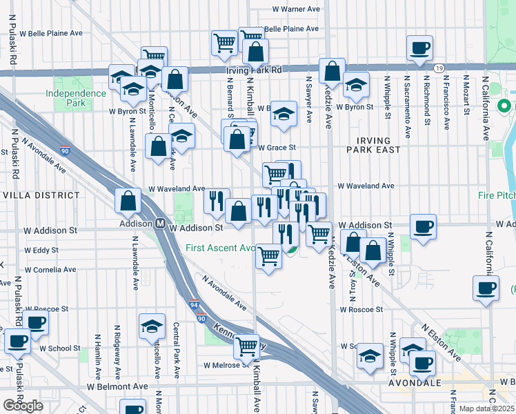 map of restaurants, bars, coffee shops, grocery stores, and more near 3631 North Kimball Avenue in Chicago