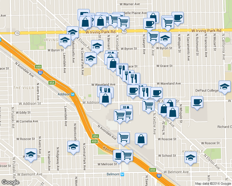 map of restaurants, bars, coffee shops, grocery stores, and more near 3631 North Kimball Avenue in Chicago