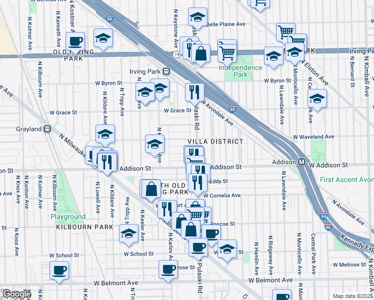 map of restaurants, bars, coffee shops, grocery stores, and more near 4038 West Patterson Avenue in Chicago