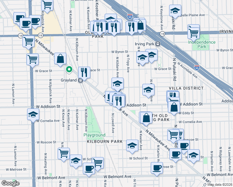 map of restaurants, bars, coffee shops, grocery stores, and more near 3601 North Milwaukee Avenue in Chicago