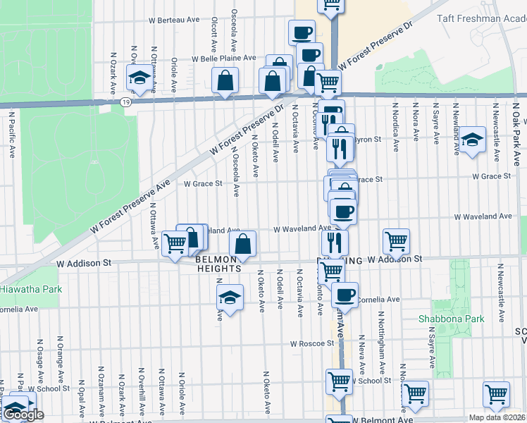 map of restaurants, bars, coffee shops, grocery stores, and more near 3729 North Oketo Avenue in Chicago