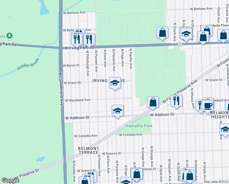 map of restaurants, bars, coffee shops, grocery stores, and more near 3759 North Paris Avenue in Chicago