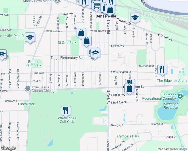 map of restaurants, bars, coffee shops, grocery stores, and more near 413 South Addison Street in Bensenville