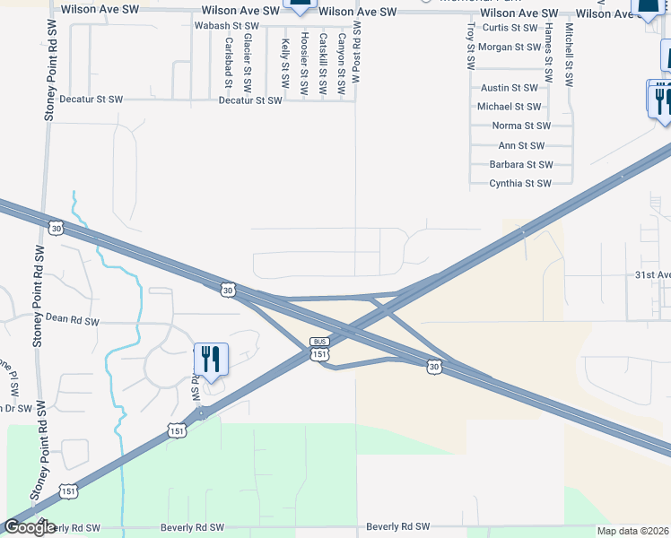 map of restaurants, bars, coffee shops, grocery stores, and more near 5412 Dostal Drive Southwest in Cedar Rapids