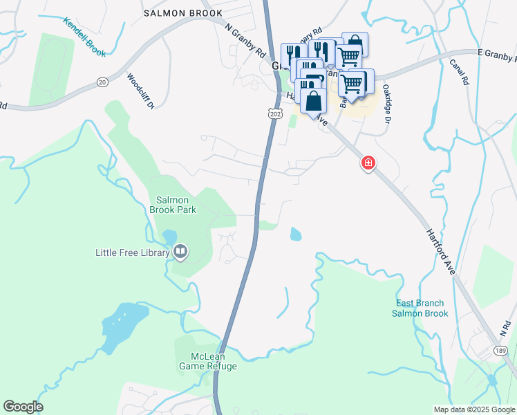 map of restaurants, bars, coffee shops, grocery stores, and more near 218 Salmon Brook Street in Granby