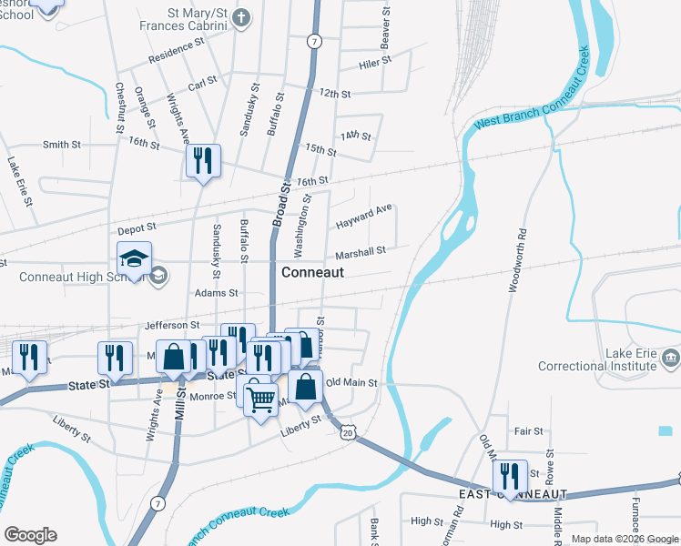 map of restaurants, bars, coffee shops, grocery stores, and more near 178 Poplar St in Conneaut