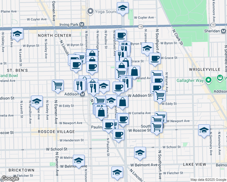 map of restaurants, bars, coffee shops, grocery stores, and more near 3614 North Marshfield Avenue in Chicago