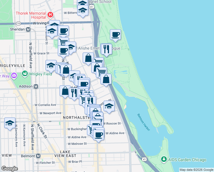 map of restaurants, bars, coffee shops, grocery stores, and more near 3530 North Lake Shore Drive in Chicago