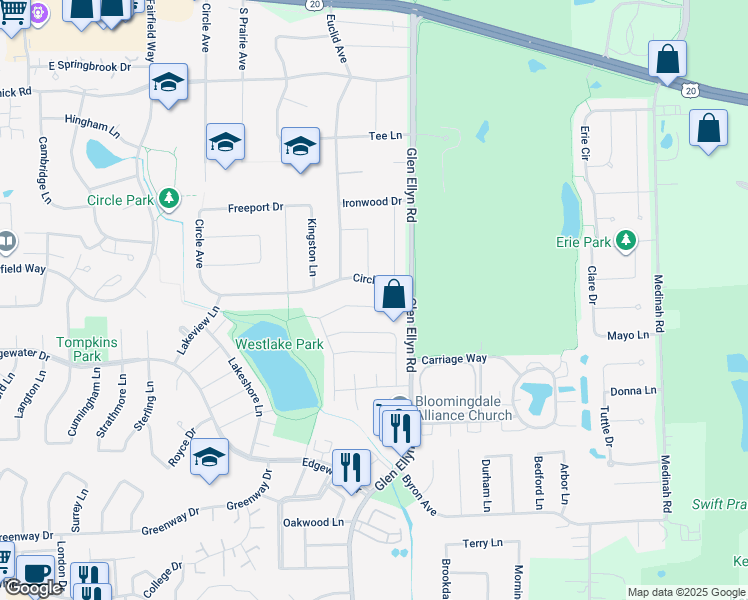 map of restaurants, bars, coffee shops, grocery stores, and more near 243 Tamarack Dr in Bloomingdale