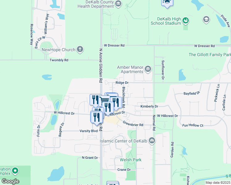 map of restaurants, bars, coffee shops, grocery stores, and more near 1206 Rushmoore Drive in DeKalb