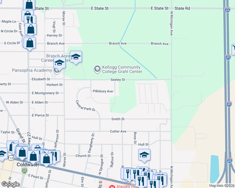 map of restaurants, bars, coffee shops, grocery stores, and more near 74 Thompson Boulevard in Coldwater