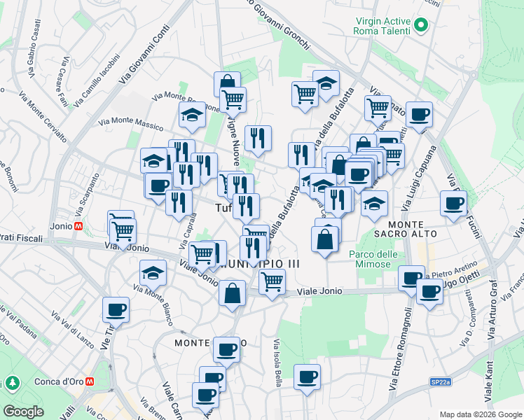 map of restaurants, bars, coffee shops, grocery stores, and more near 23 Via Guadagnolo in Roma