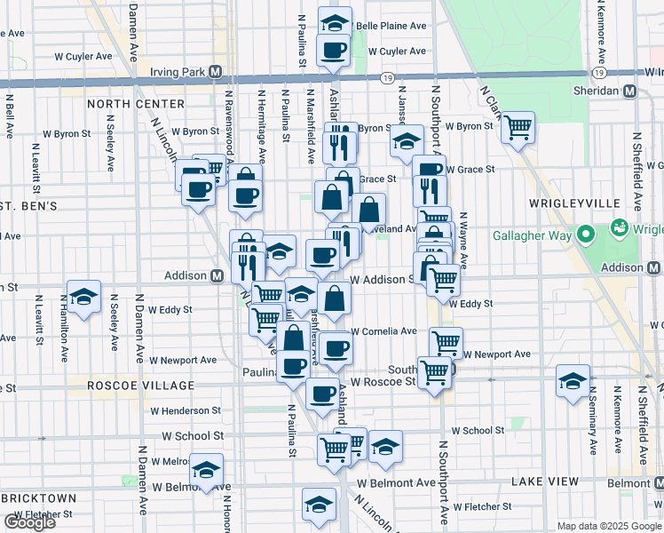 map of restaurants, bars, coffee shops, grocery stores, and more near 3614 North Ashland Avenue in Chicago