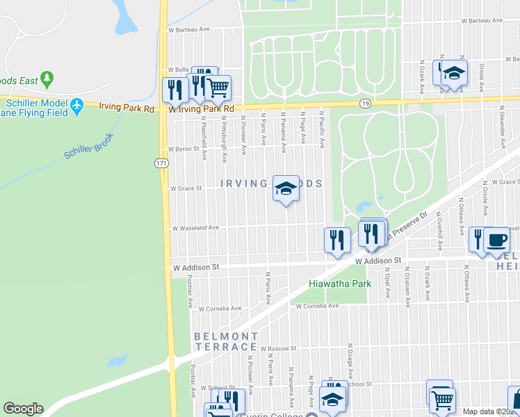 map of restaurants, bars, coffee shops, grocery stores, and more near 3724 North Paris Avenue in Chicago