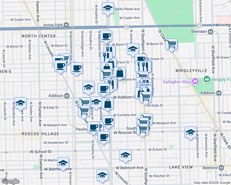 map of restaurants, bars, coffee shops, grocery stores, and more near 3614 North Bosworth Avenue in Chicago