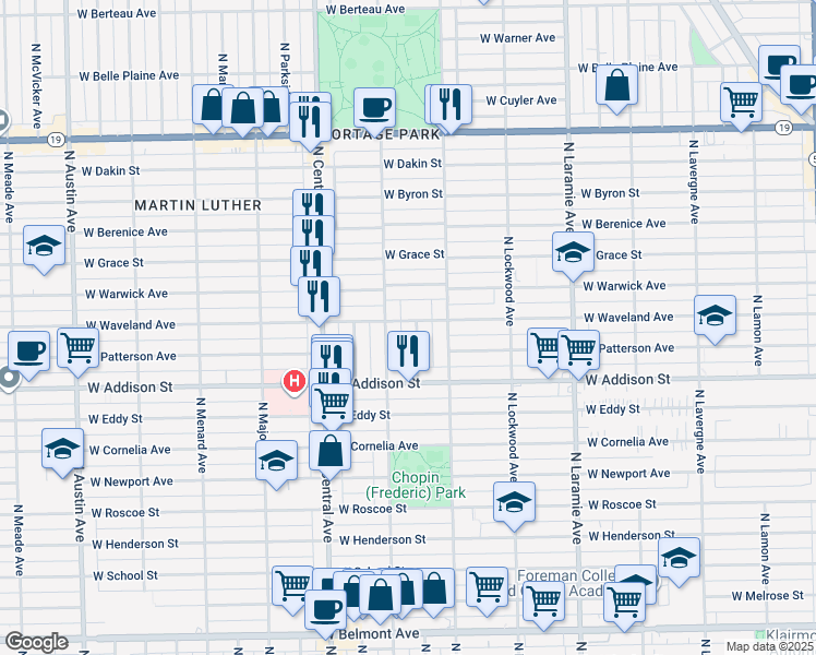 map of restaurants, bars, coffee shops, grocery stores, and more near 3654 N Lotus Ave in Chicago