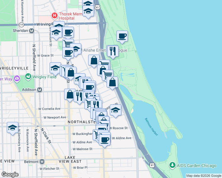 map of restaurants, bars, coffee shops, grocery stores, and more near 517 West Brompton Avenue in Chicago