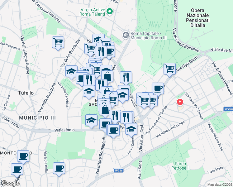 map of restaurants, bars, coffee shops, grocery stores, and more near 27 Via Vincenzo Padula in Roma
