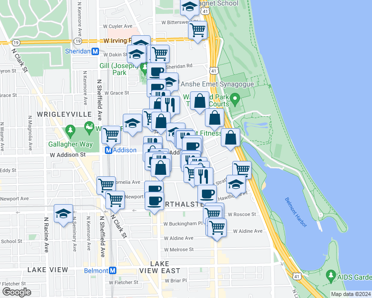 map of restaurants, bars, coffee shops, grocery stores, and more near 644 West Addison Street in Chicago