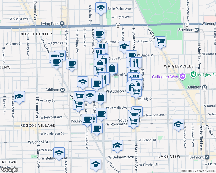 map of restaurants, bars, coffee shops, grocery stores, and more near 3614 North Bosworth Avenue in Chicago