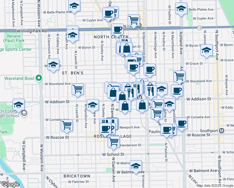 map of restaurants, bars, coffee shops, grocery stores, and more near 3619 North Damen Avenue in Chicago