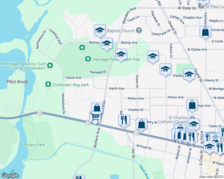 map of restaurants, bars, coffee shops, grocery stores, and more near 175 Hatch Avenue in Coldwater