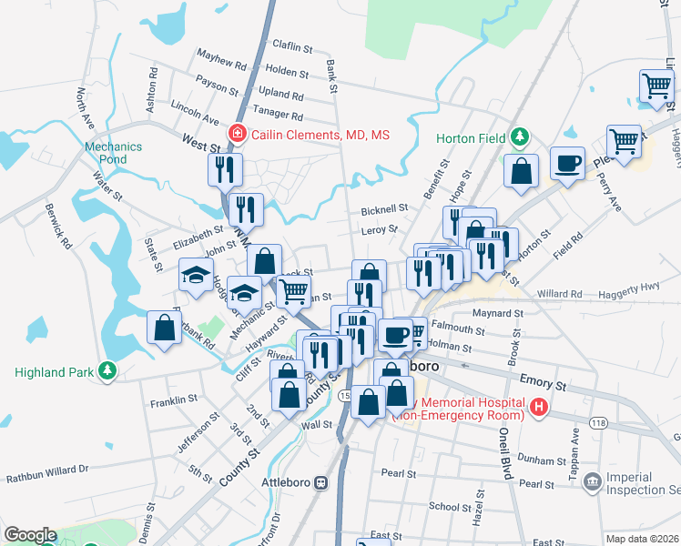 map of restaurants, bars, coffee shops, grocery stores, and more near 35 Peck Street in Attleboro