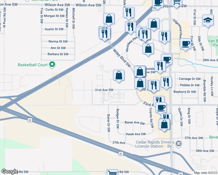 map of restaurants, bars, coffee shops, grocery stores, and more near 4158 31st Avenue Southwest in Cedar Rapids