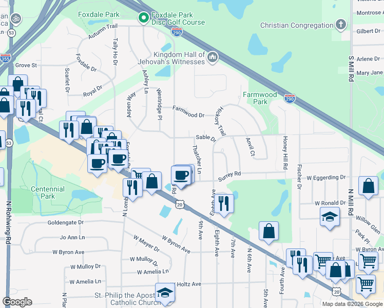 map of restaurants, bars, coffee shops, grocery stores, and more near 1134 Thatcher Lane in Addison
