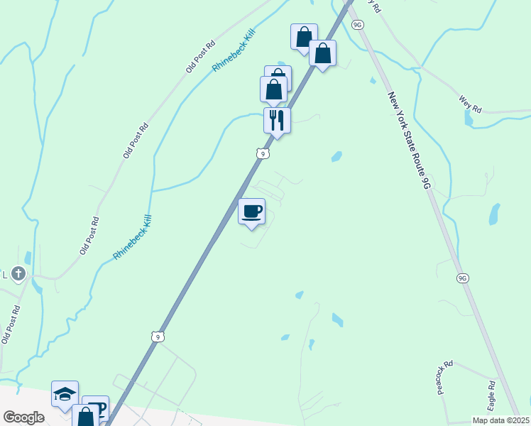 map of restaurants, bars, coffee shops, grocery stores, and more near 6734 Route 9 in Rhinebeck