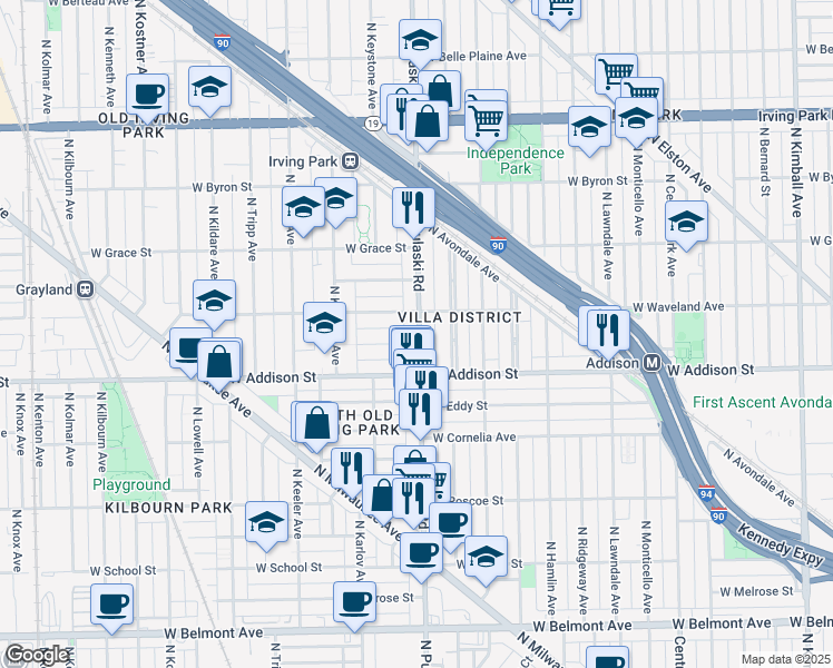 map of restaurants, bars, coffee shops, grocery stores, and more near 3638 North Pulaski Road in Chicago