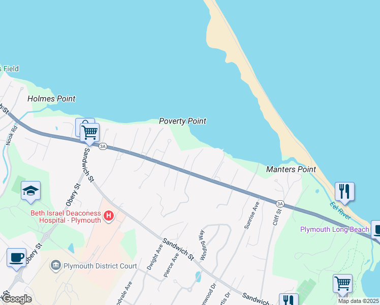 map of restaurants, bars, coffee shops, grocery stores, and more near 62R Warren Avenue in Plymouth