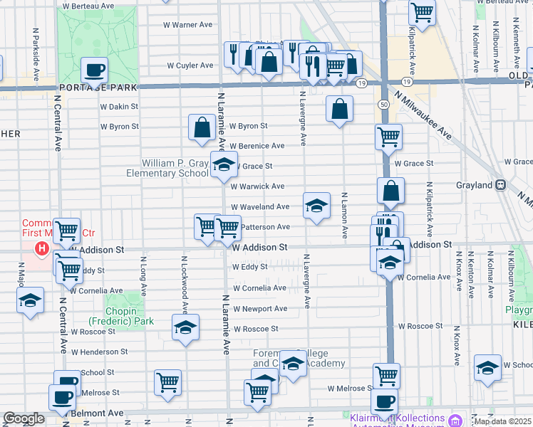 map of restaurants, bars, coffee shops, grocery stores, and more near 3647 North Leclaire Avenue in Chicago
