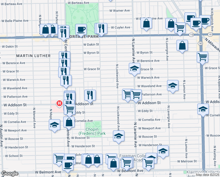 map of restaurants, bars, coffee shops, grocery stores, and more near 5327 West Waveland Avenue in Chicago