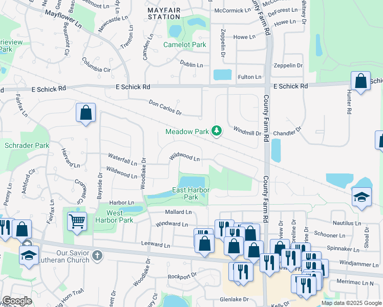 map of restaurants, bars, coffee shops, grocery stores, and more near 2034 Wildwood Ln in Hanover Park