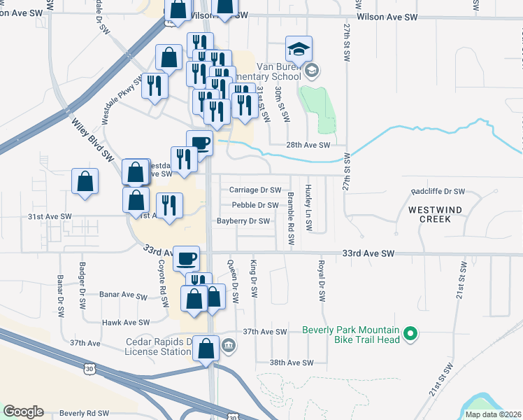 map of restaurants, bars, coffee shops, grocery stores, and more near 3119 Pebble Drive Southwest in Cedar Rapids