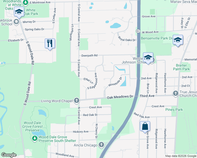map of restaurants, bars, coffee shops, grocery stores, and more near 401 S Edgewood Ave in Wood Dale