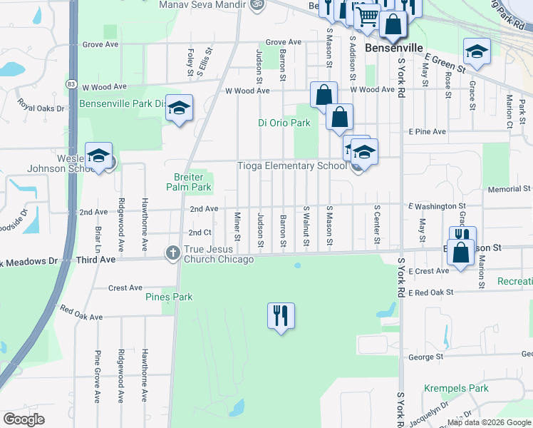 map of restaurants, bars, coffee shops, grocery stores, and more near 401 Judson Street in Bensenville