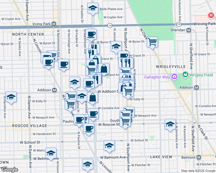 map of restaurants, bars, coffee shops, grocery stores, and more near 3614 North Greenview Avenue in Chicago