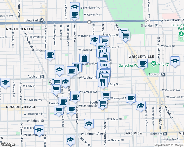 map of restaurants, bars, coffee shops, grocery stores, and more near 3617 North Greenview Avenue in Chicago