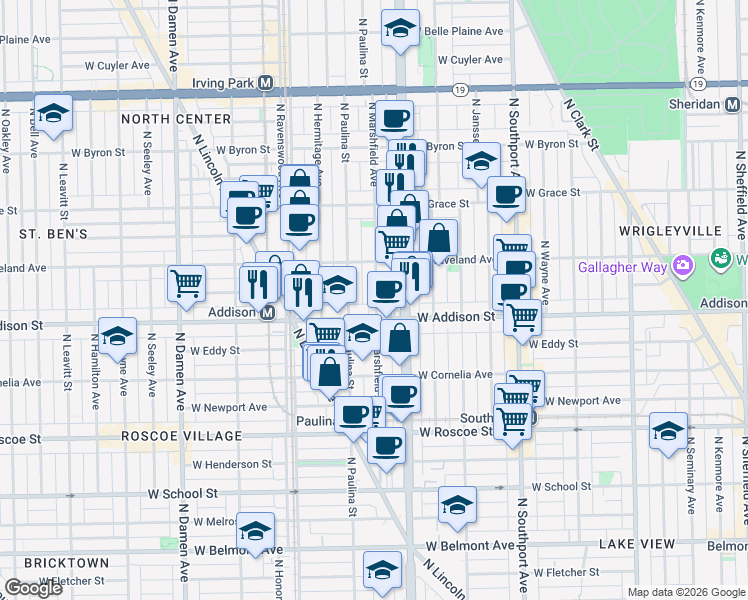 map of restaurants, bars, coffee shops, grocery stores, and more near 3618 North Marshfield Avenue in Chicago