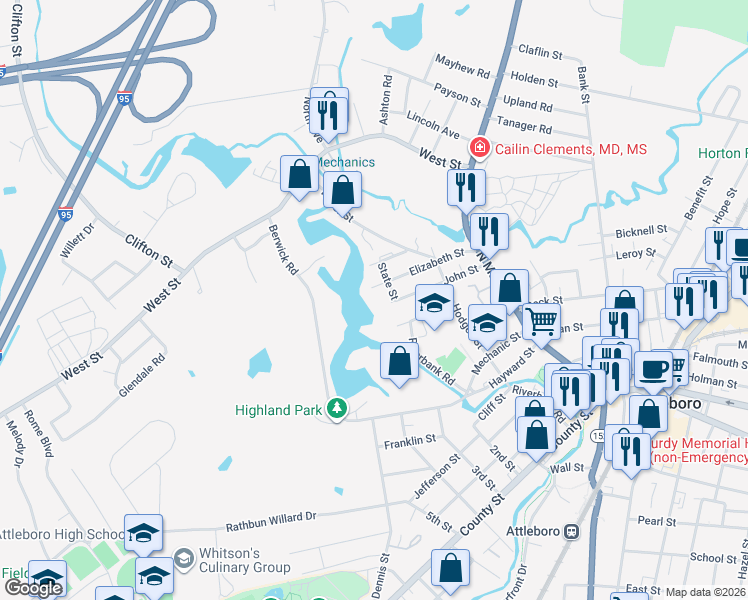 map of restaurants, bars, coffee shops, grocery stores, and more near 57 John Street in Attleboro