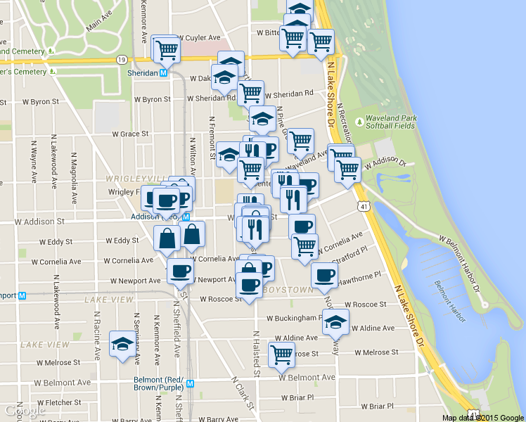 map of restaurants, bars, coffee shops, grocery stores, and more near 3600 North Halsted Street in Chicago