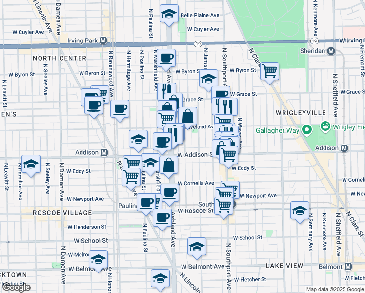 map of restaurants, bars, coffee shops, grocery stores, and more near 3611 North Bosworth Avenue in Chicago