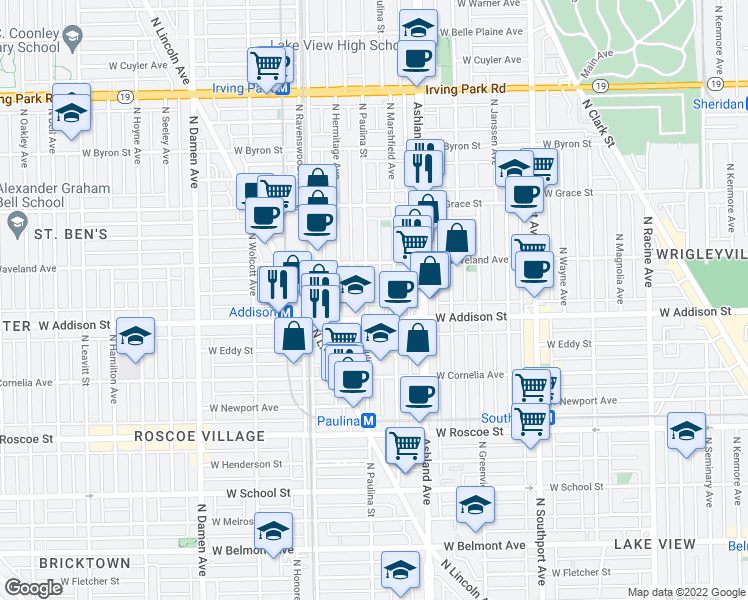 map of restaurants, bars, coffee shops, grocery stores, and more near 3614 North Marshfield Avenue in Chicago